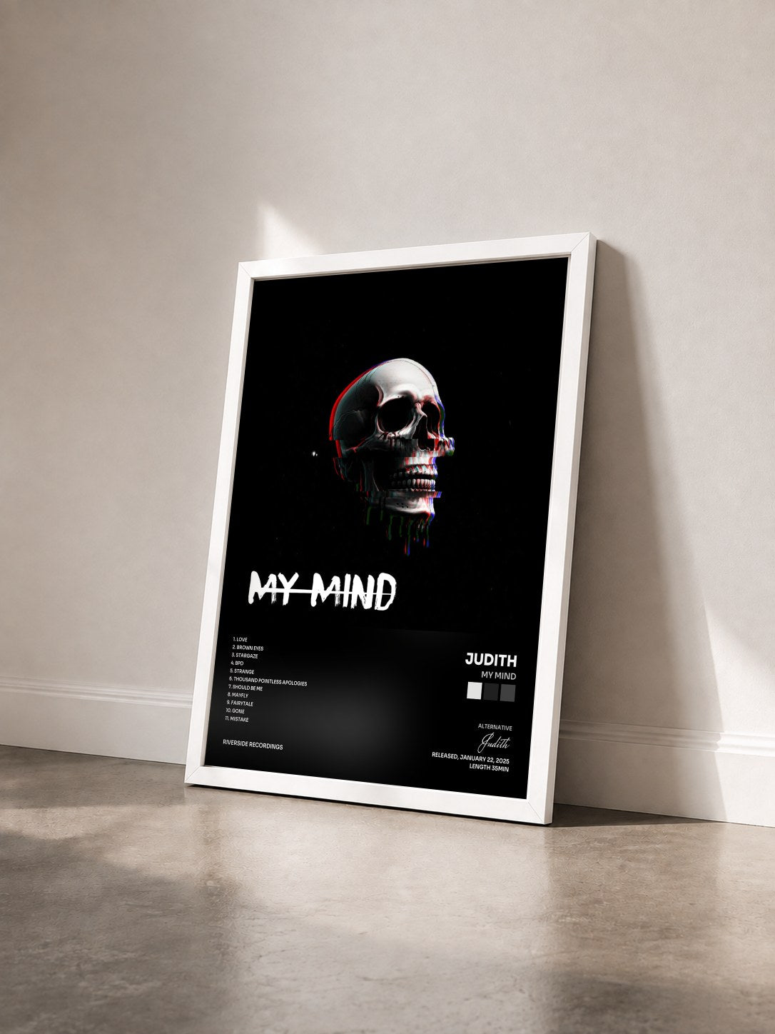 #blanc Tableau de l'album My Mind de Judith vu de trois quarts, cadre blanc