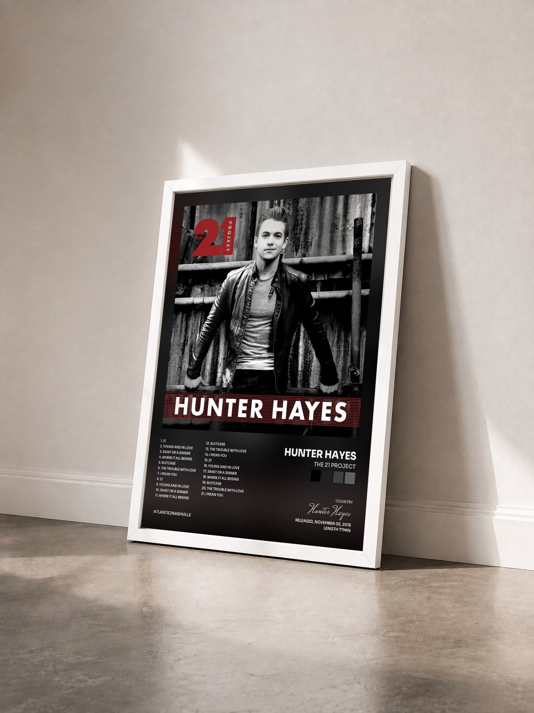 #blanc Tableau de l'album The 21 Project de Hunter Hayes vu de trois quarts, cadre blanc