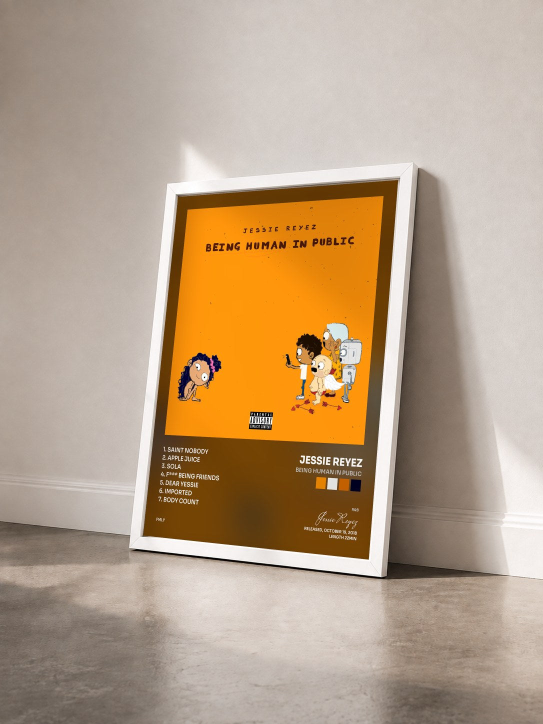 #blanc Tableau de l'album Being Human In Public de Jessie Reyez vu de trois quarts, cadre blanc