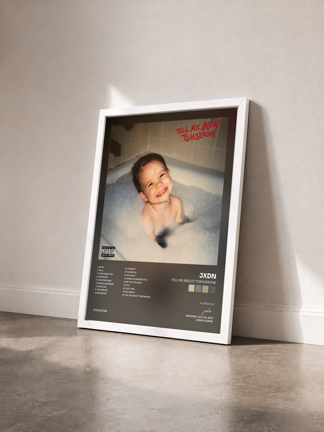 #blanc Tableau de l'album Tell Me About Tomorrow de jxdn vu de trois quarts, cadre blanc