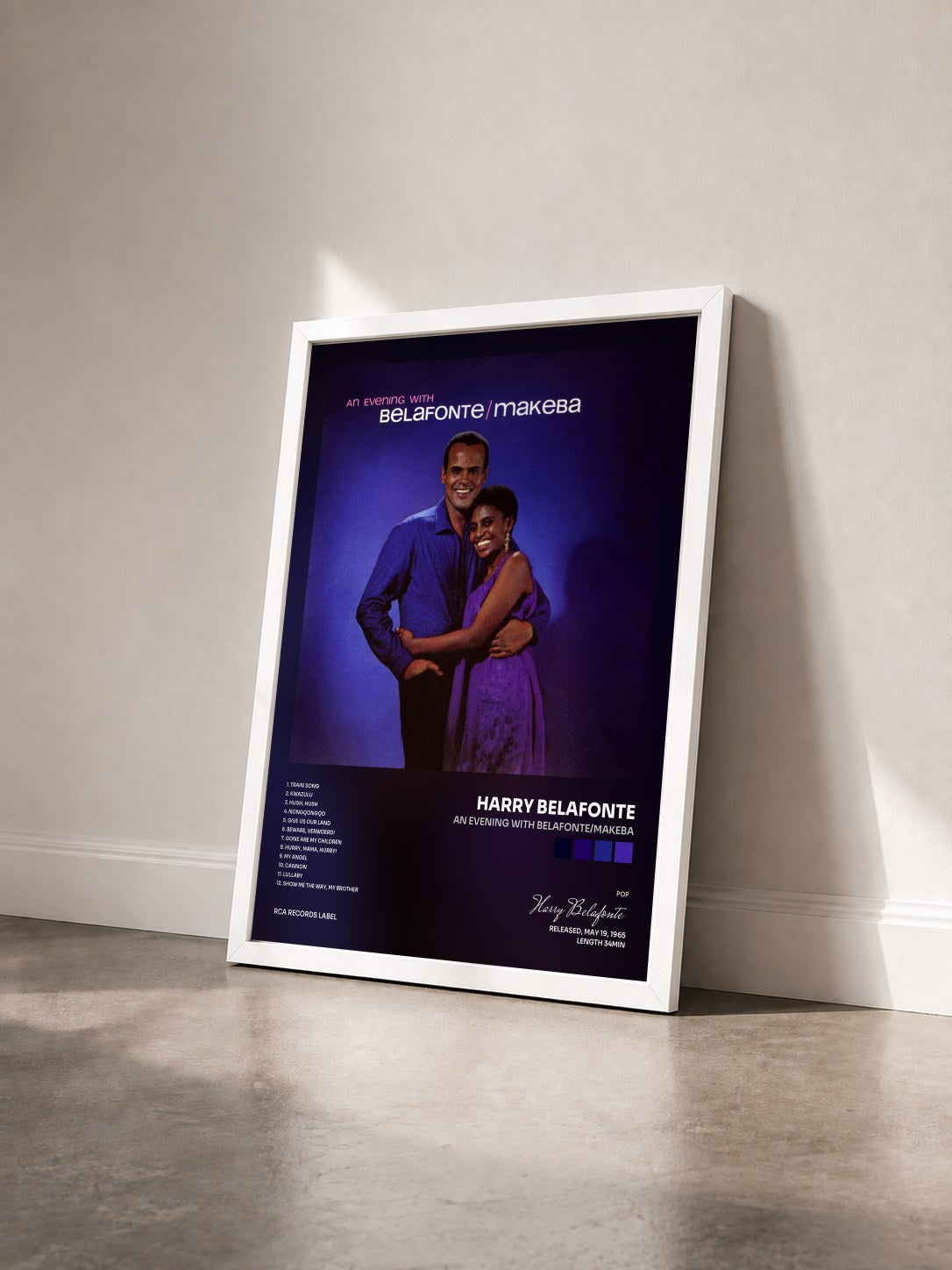 #blanc Tableau de l'album An Evening With Belafonte/Makeba de Harry Belafonte vu de trois quarts, cadre blanc