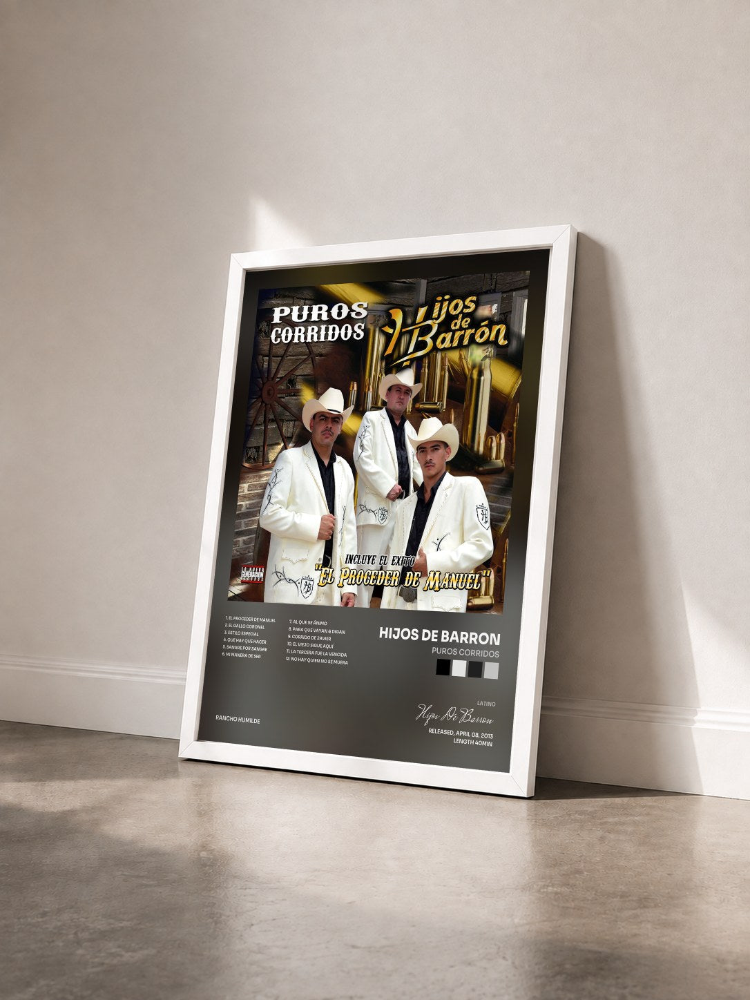 #blanc Tableau de l'album Puros Corridos de Hijos De Barron vu de trois quarts, cadre blanc