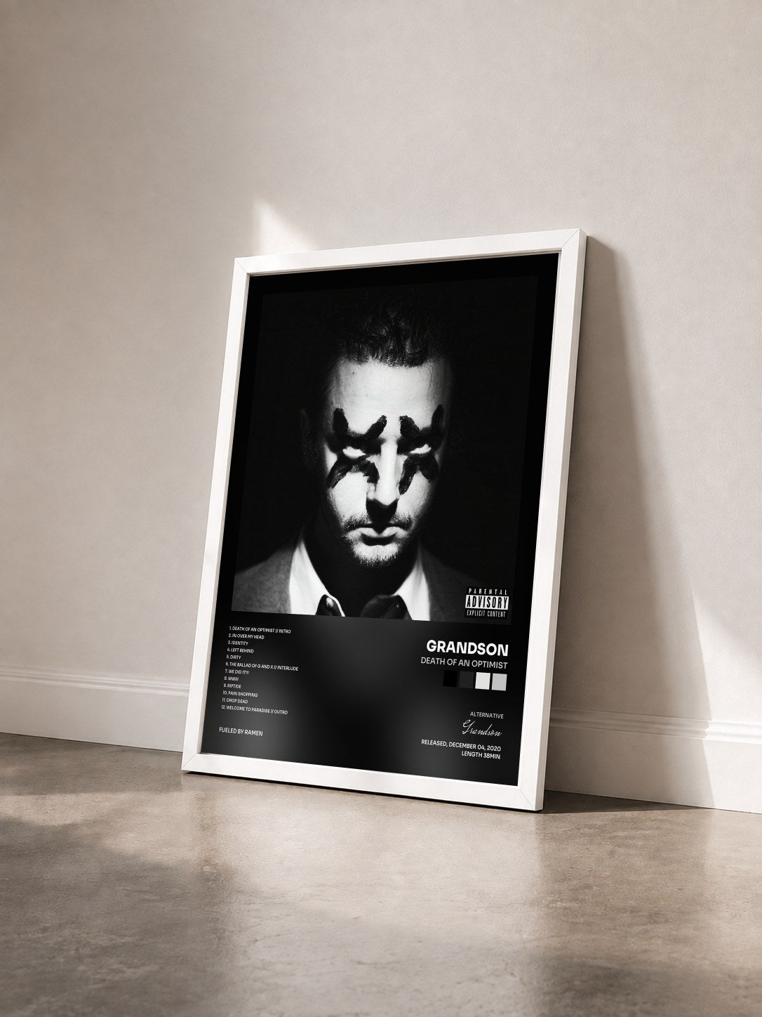 #blanc Tableau de l'album Death Of An Optimist de Grandson vu de trois quarts, cadre blanc