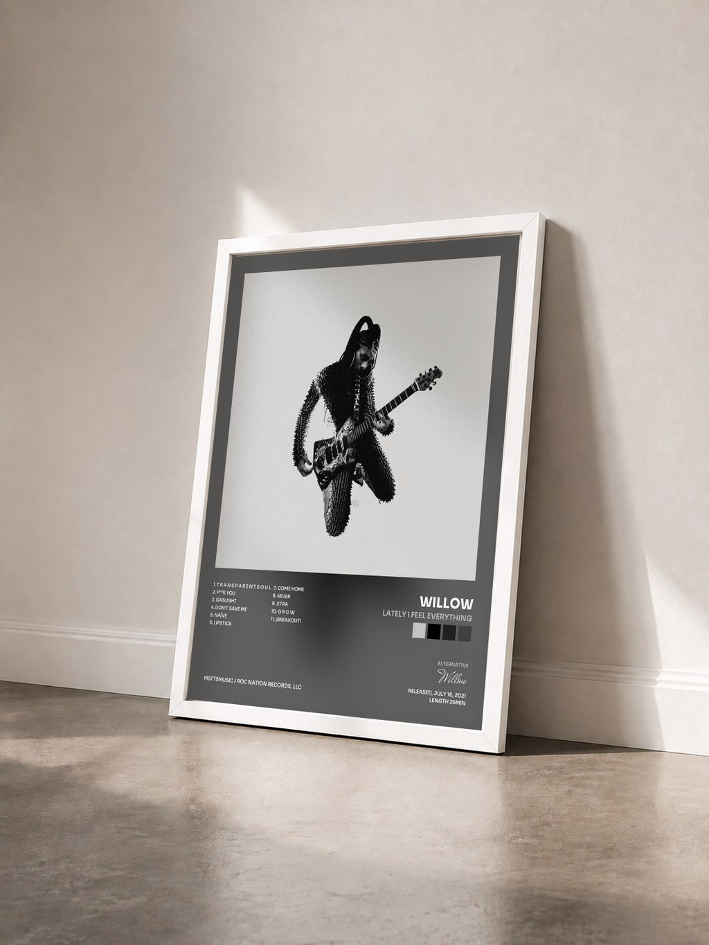 #blanc Tableau de l'album lately I feel EVERYTHING de Willow vu de trois quarts, cadre blanc