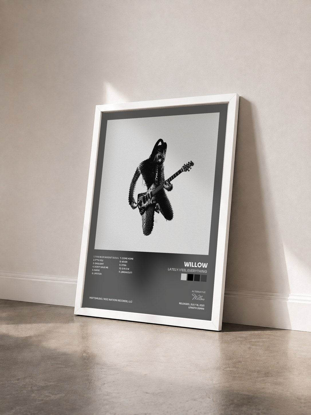 #blanc Tableau de l'album lately I feel EVERYTHING de Willow vu de trois quarts, cadre blanc