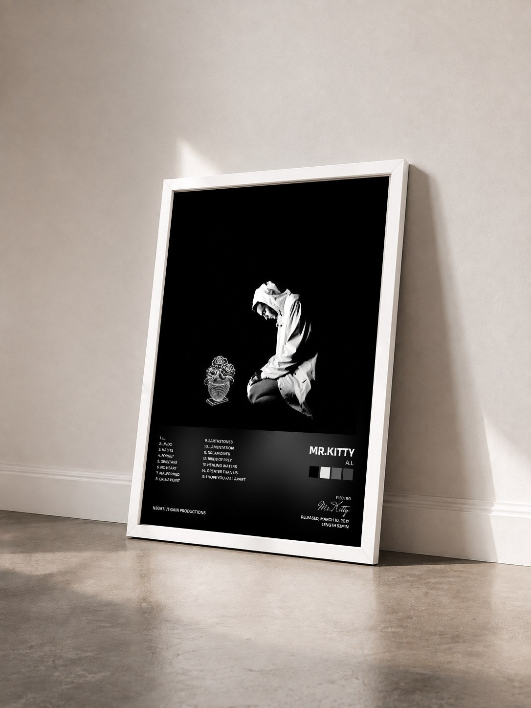 #blanc Tableau de l'album A.I. de Mr.Kitty vu de trois quarts, cadre blanc