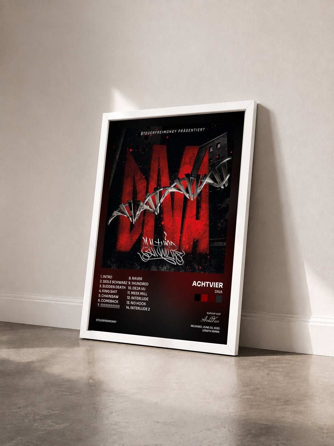 #blanc Tableau de l'album DNA de AchtVier vu de trois quarts, cadre blanc