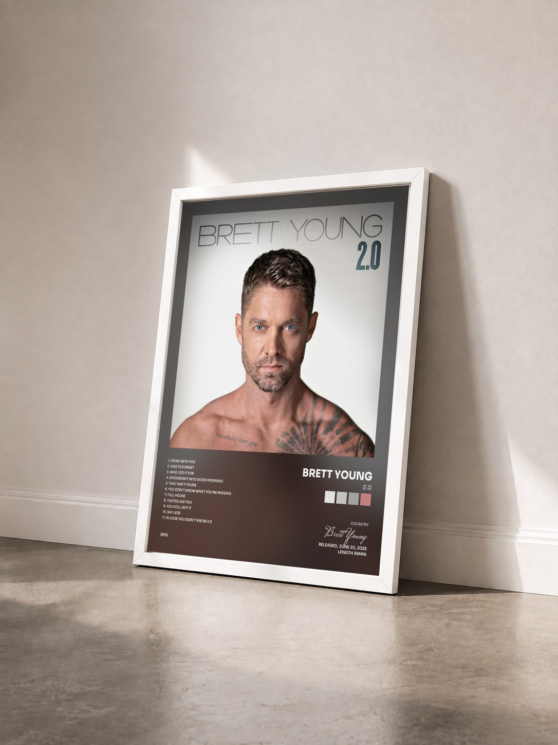 #blanc Tableau de l'album 2.0 de Brett Young vu de trois quarts, cadre blanc