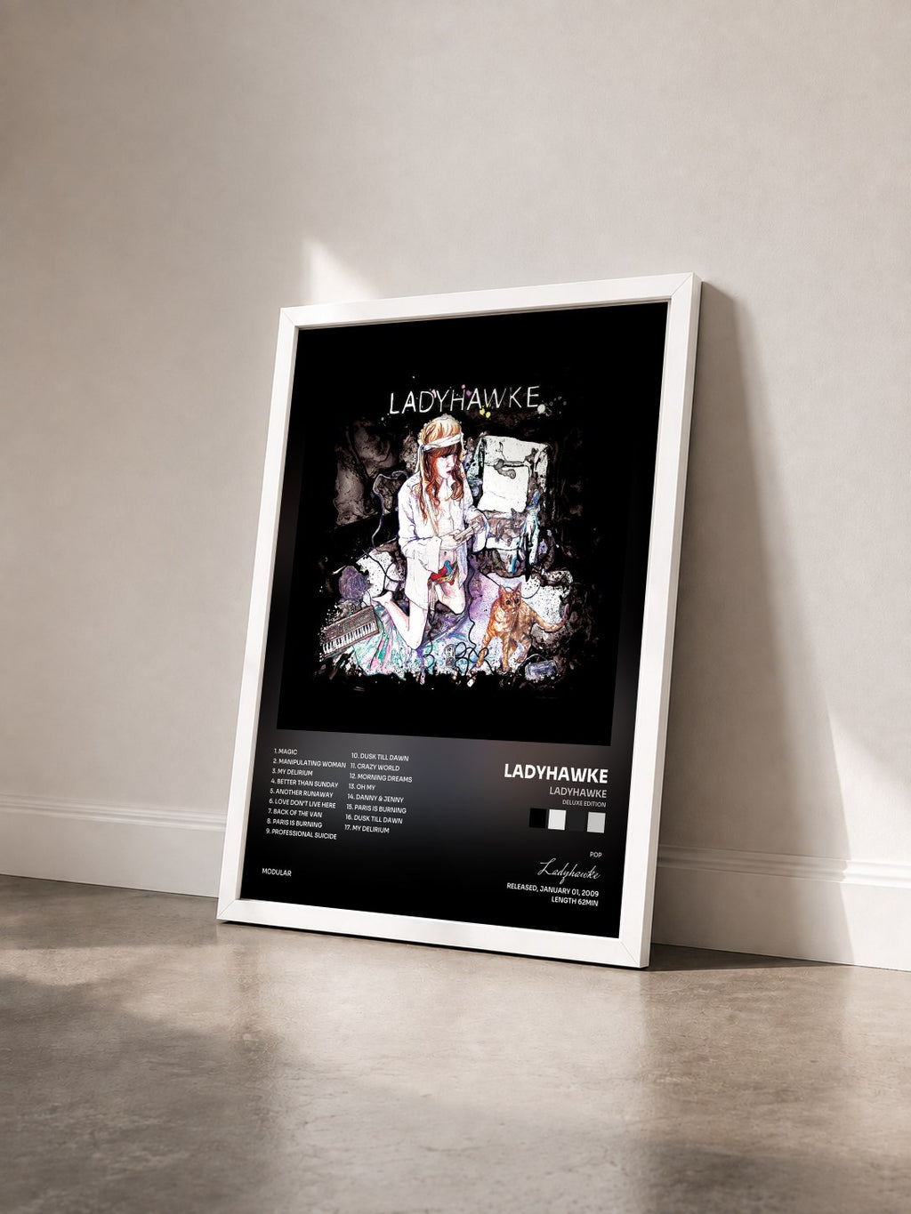#blanc Ladyhawke (Deluxe Edition) by Ladyhawke as a framed art print seen at an angle, white frame