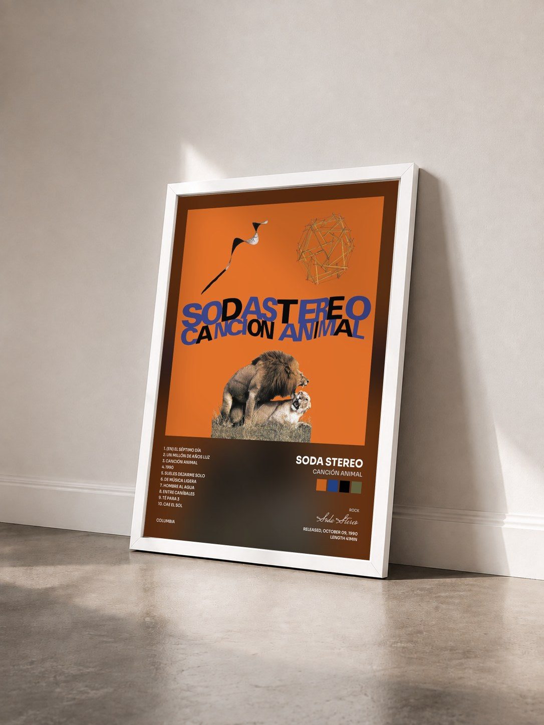 #blanc Tableau de l'album Canción Animal de Soda Stereo vu de trois quarts, cadre blanc