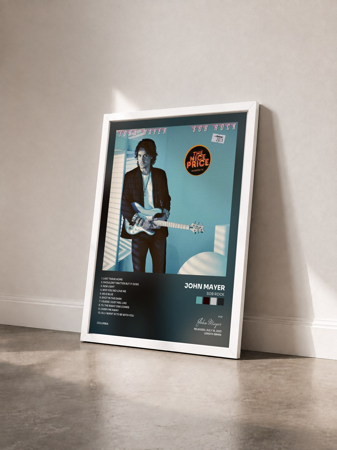 #blanc Tableau de l'album Sob Rock de John Mayer vu de trois quarts, cadre blanc