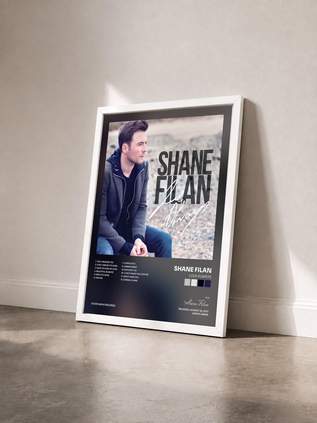 #blanc Tableau de l'album Love Always de Shane Filan vu de trois quarts, cadre blanc