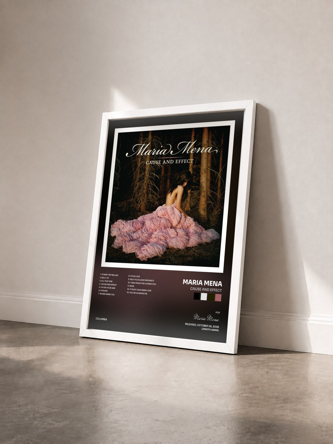 #blanc Tableau de l'album Cause and Effect de Maria Mena vu de trois quarts, cadre blanc