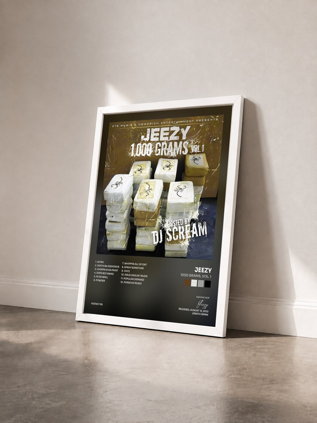 #blanc Tableau de l'album 1000 Grams, Vol. 1 de Jeezy vu de trois quarts, cadre blanc