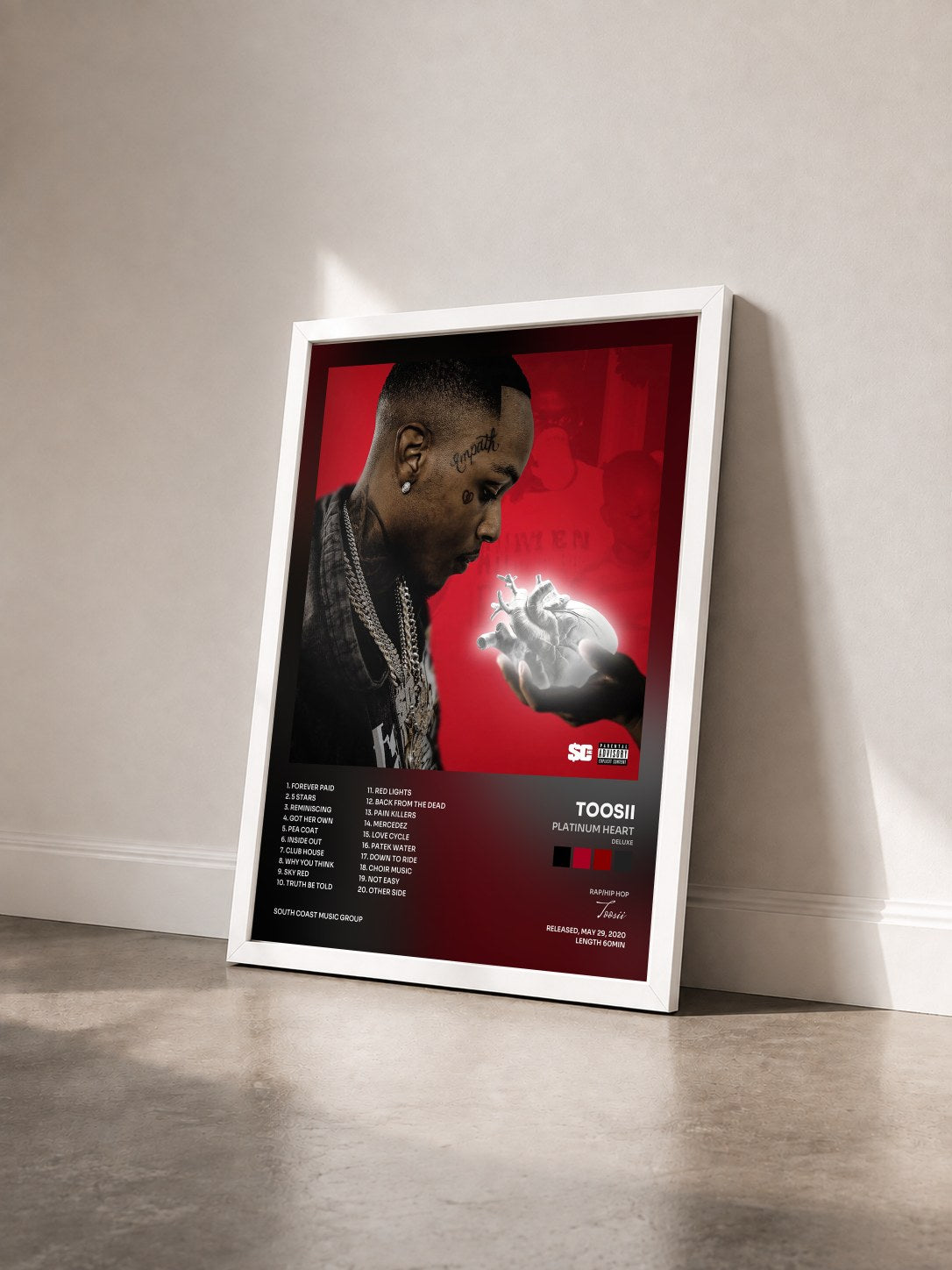 #blanc Tableau de l'album Platinum Heart (Deluxe) de Toosii vu de trois quarts, cadre blanc