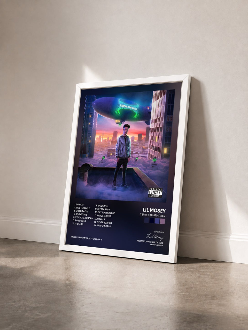 #blanc Tableau de l'album Certified Hitmaker de Lil Mosey vu de trois quarts, cadre blanc