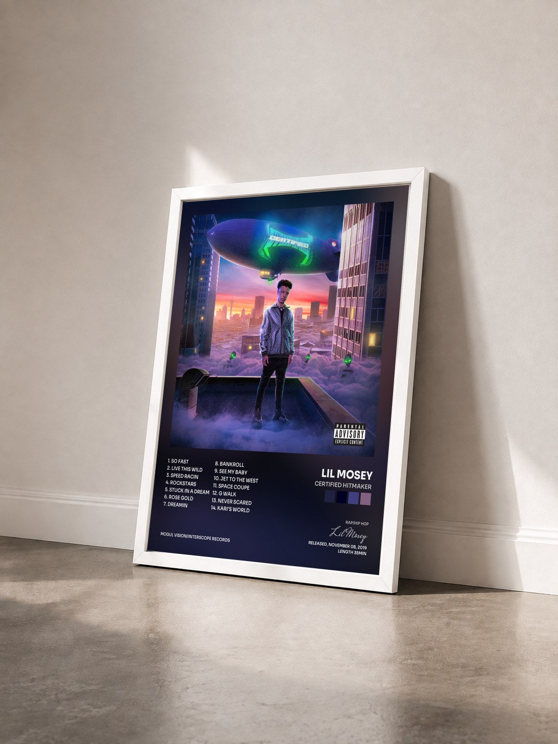 #blanc Tableau de l'album Certified Hitmaker de Lil Mosey vu de trois quarts, cadre blanc