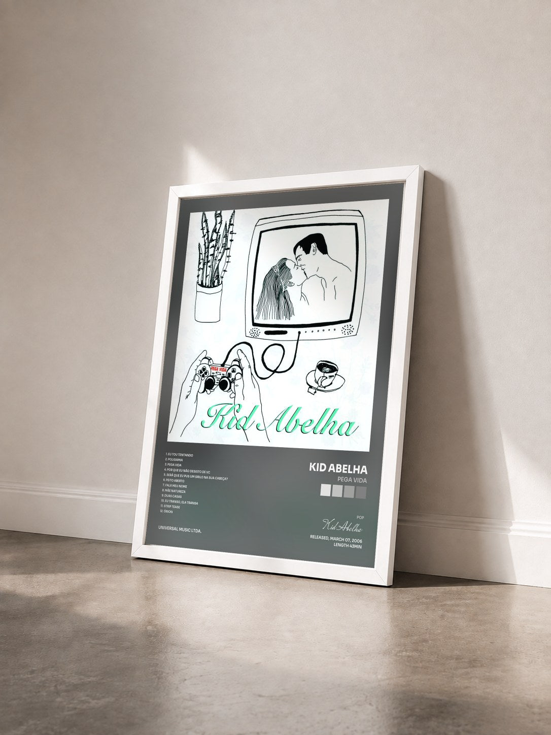 #blanc Tableau de l'album Pega Vida de Kid Abelha vu de trois quarts, cadre blanc