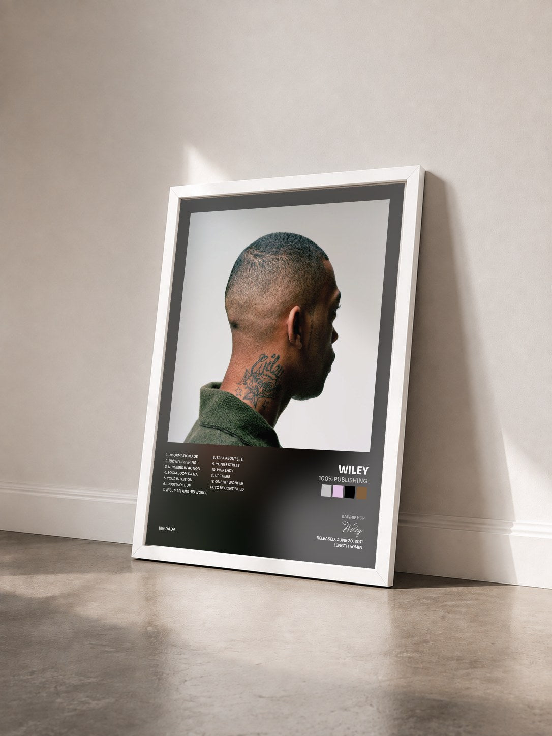 #blanc Tableau de l'album 100% Publishing de Wiley vu de trois quarts, cadre blanc
