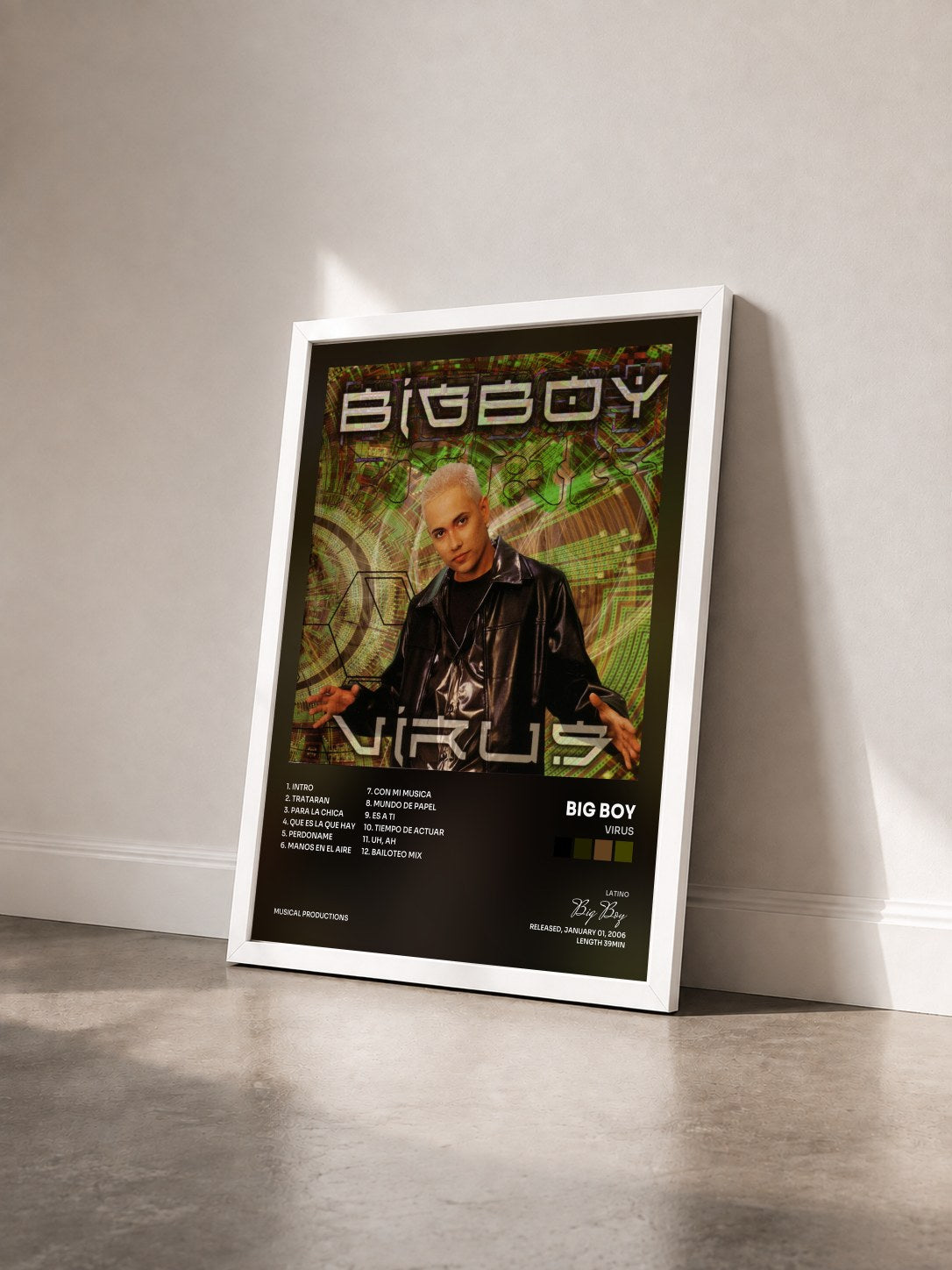 #blanc Tableau de l'album Virus de Big Boy vu de trois quarts, cadre blanc
