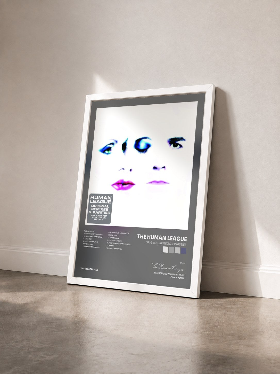 #blanc Tableau de l'album Original Remixes & Rarities de The Human League vu de trois quarts, cadre blanc
