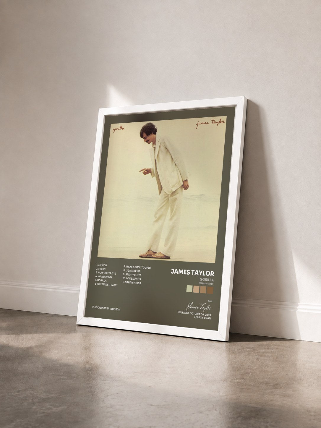 #blanc Tableau de l'album Gorilla (2019 Remaster) de James Taylor vu de trois quarts, cadre blanc