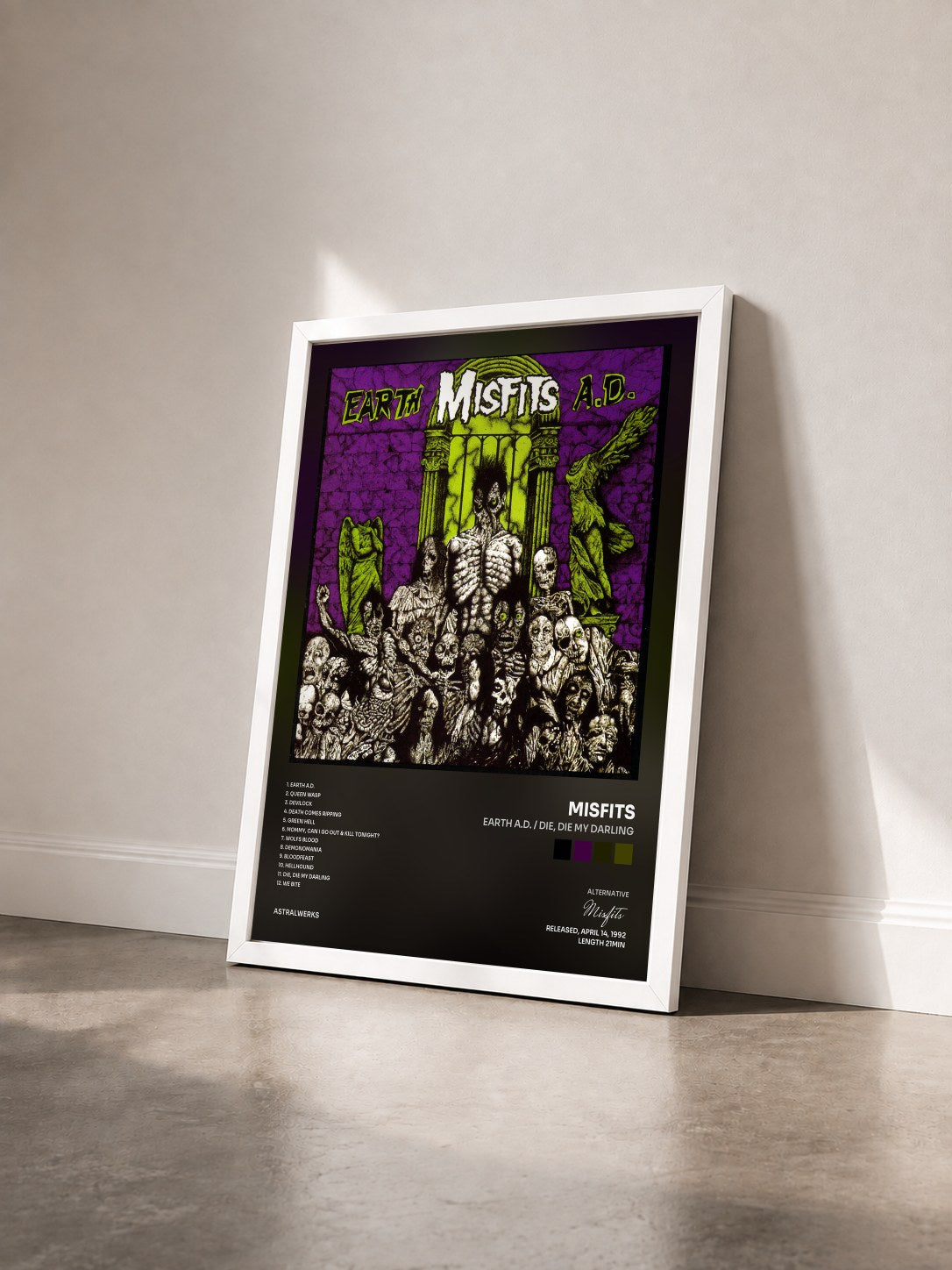 #blanc Tableau de l'album Earth A.D. / Die, Die My Darling de Misfits vu de trois quarts, cadre blanc