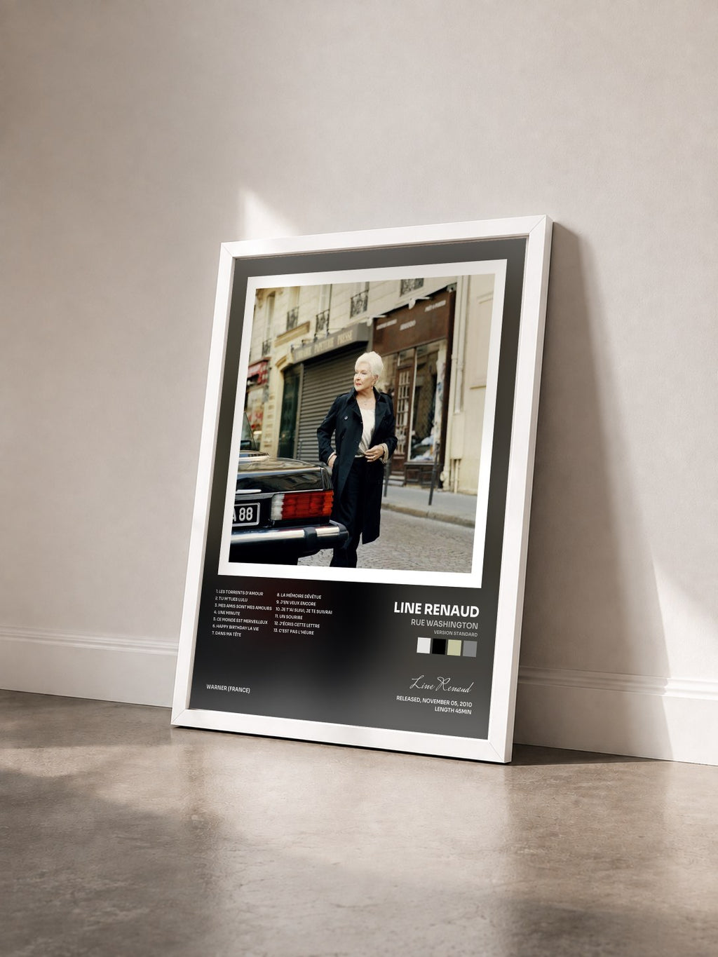#blanc Tableau de l'album Rue Washington (version standard) de Line Renaud vu de trois quarts, cadre blanc