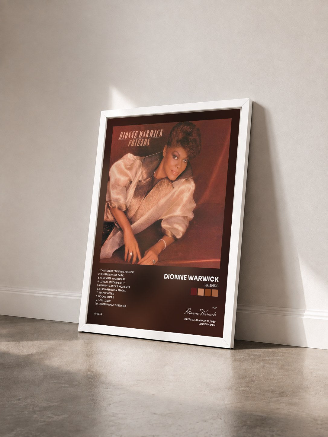 #blanc Tableau de l'album Friends de Dionne Warwick vu de trois quarts, cadre blanc