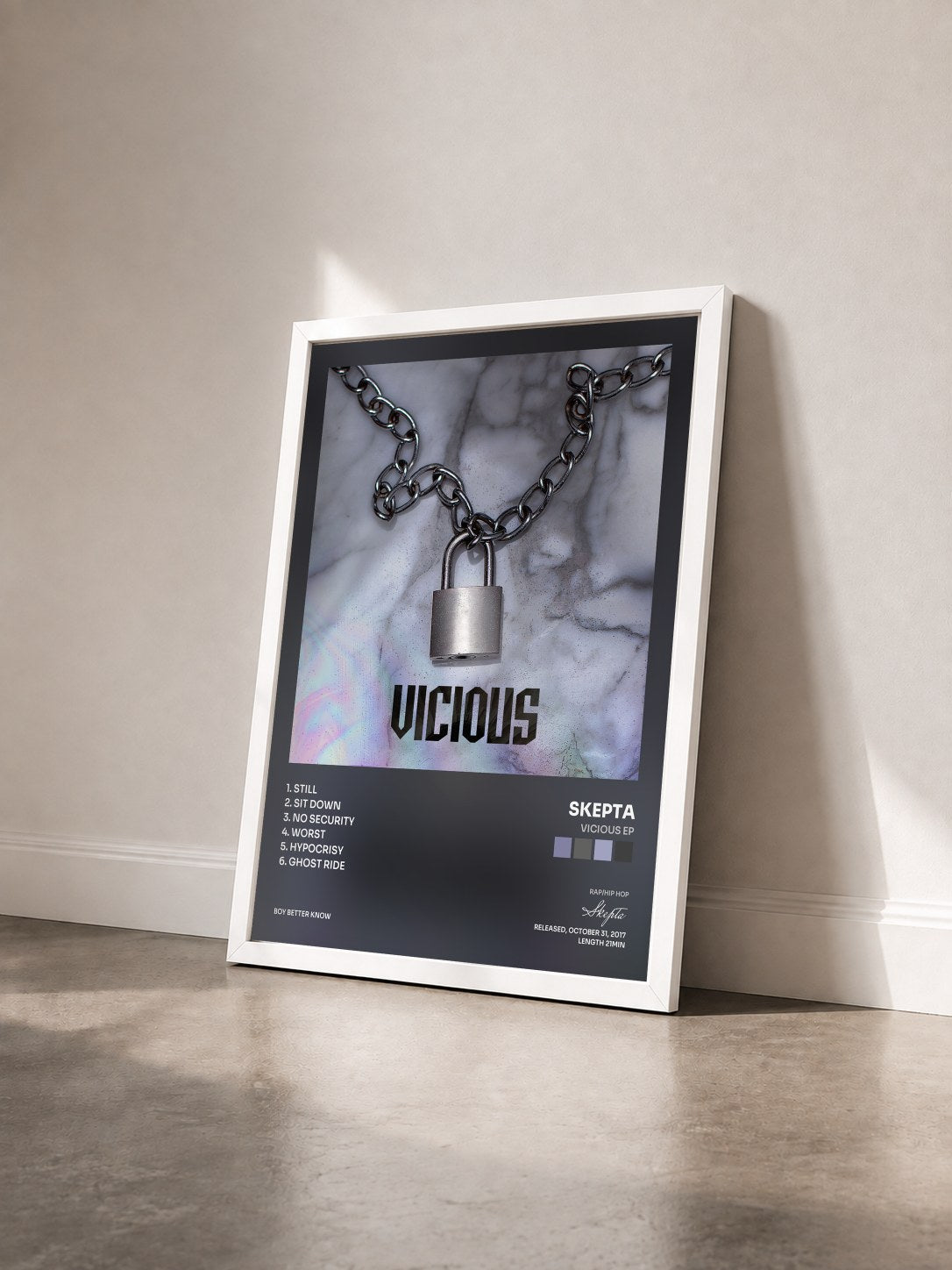 #blanc Tableau de l'album Vicious EP de Skepta vu de trois quarts, cadre blanc