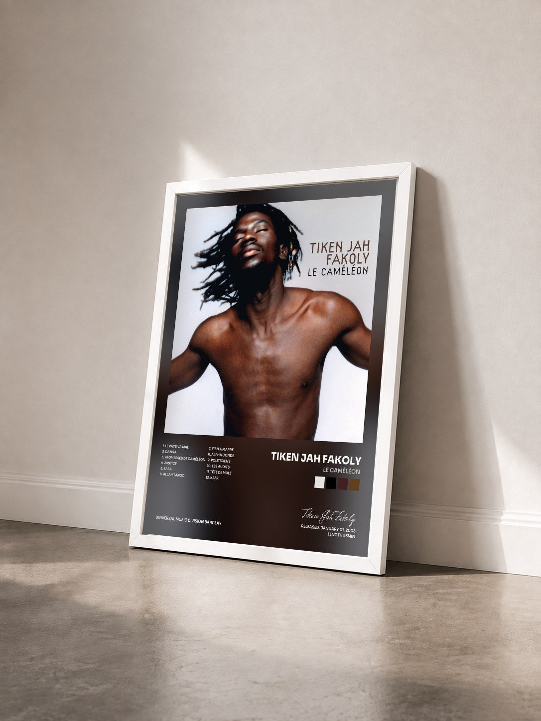 #blanc Tableau de l'album Le Caméléon de Tiken Jah Fakoly vu de trois quarts, cadre blanc