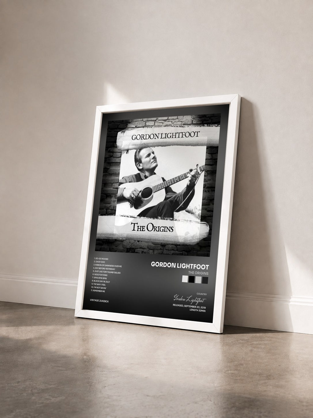 #blanc Tableau de l'album The Origins de Gordon Lightfoot vu de trois quarts, cadre blanc