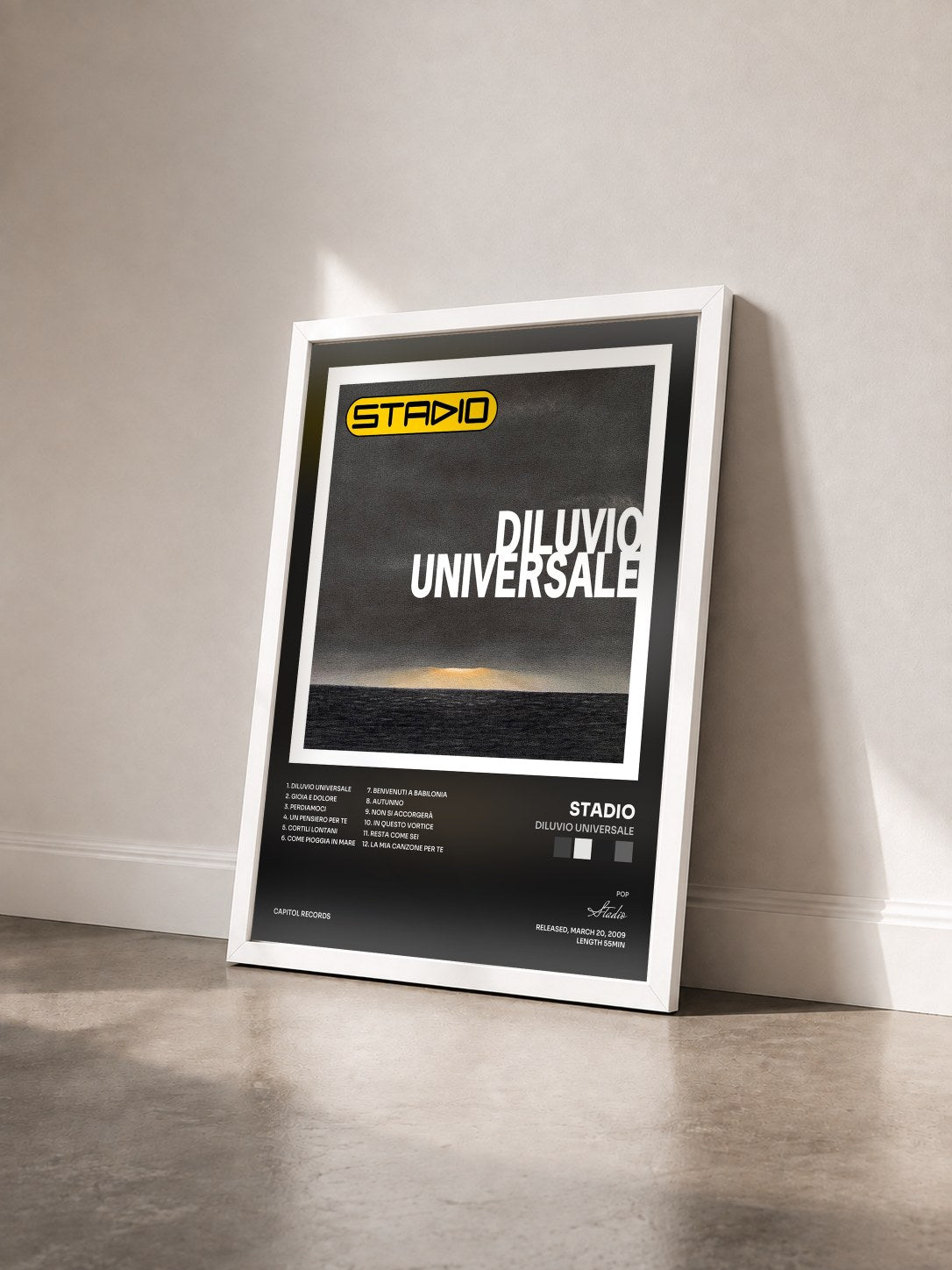 #blanc Tableau de l'album Diluvio Universale de Stadio vu de trois quarts, cadre blanc