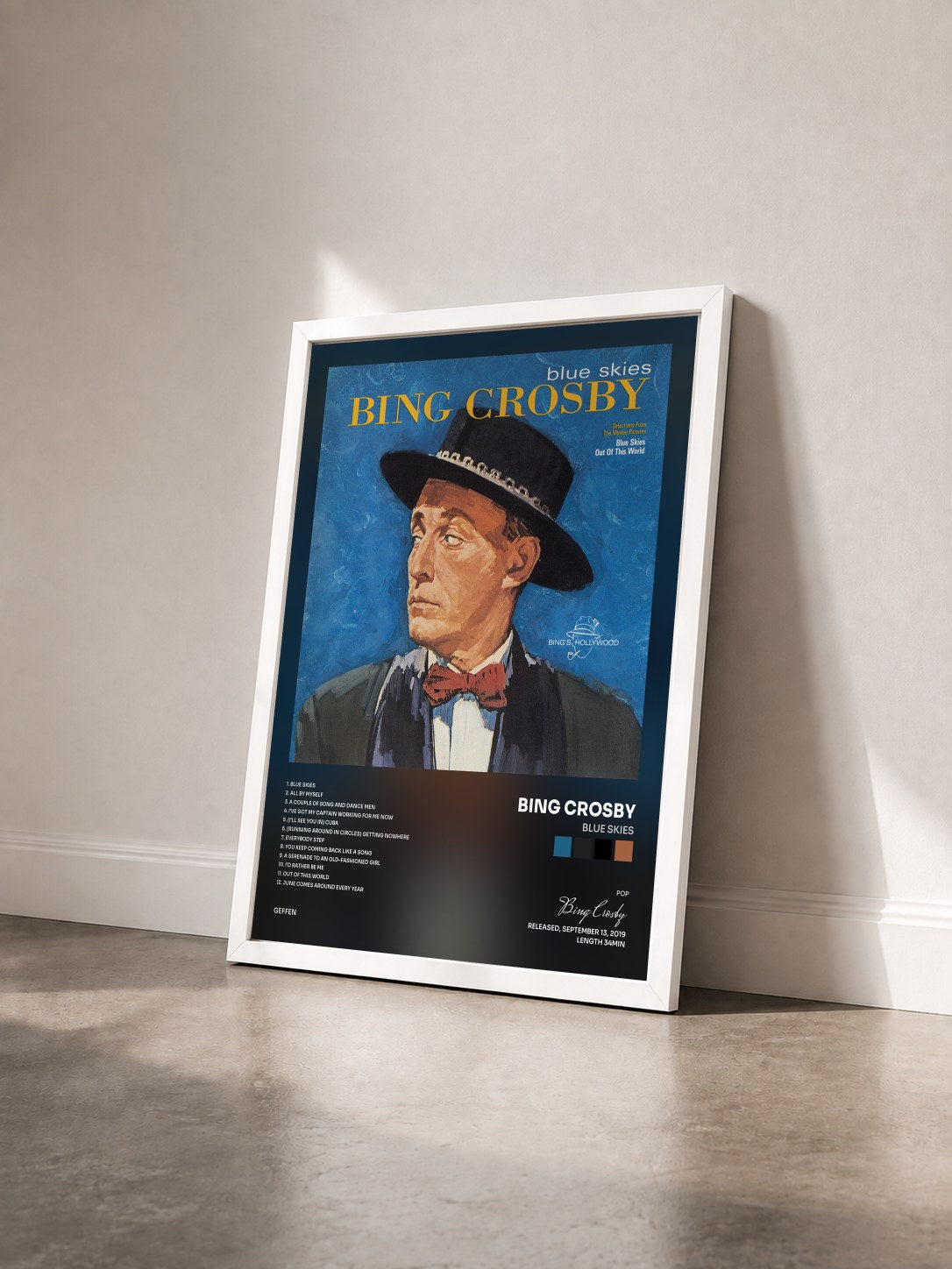 #blanc Tableau de l'album Blue Skies de Bing Crosby vu de trois quarts, cadre blanc