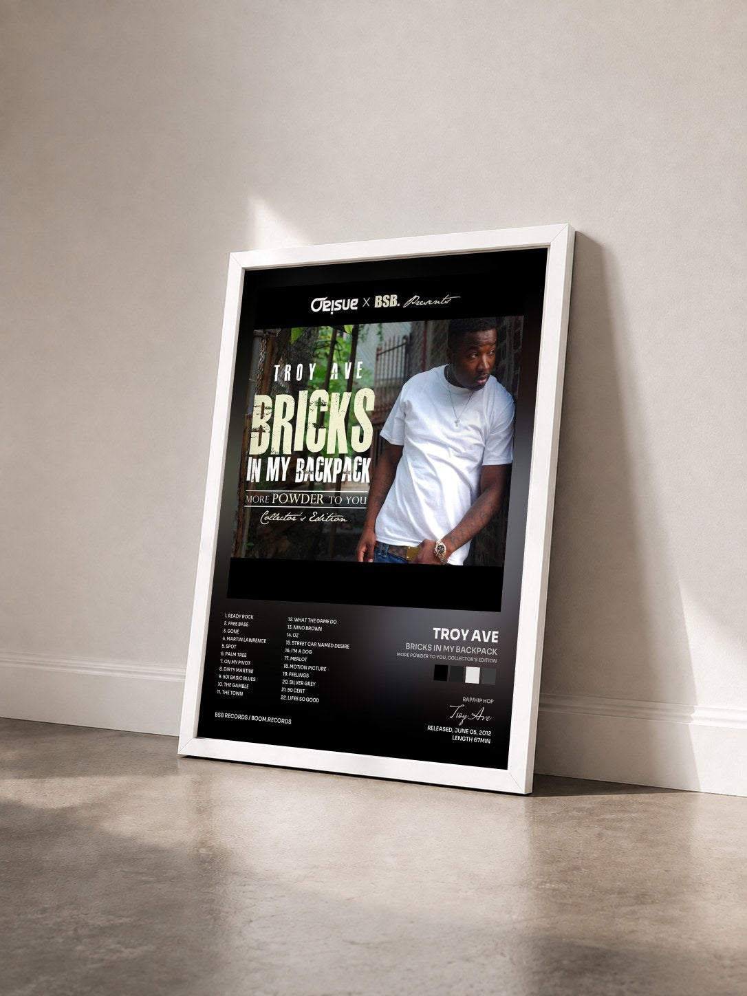#blanc Tableau de l'album Bricks In My Backpack (More Powder To You, Collector's Edition) de Troy Ave vu de trois quarts, cadre blanc