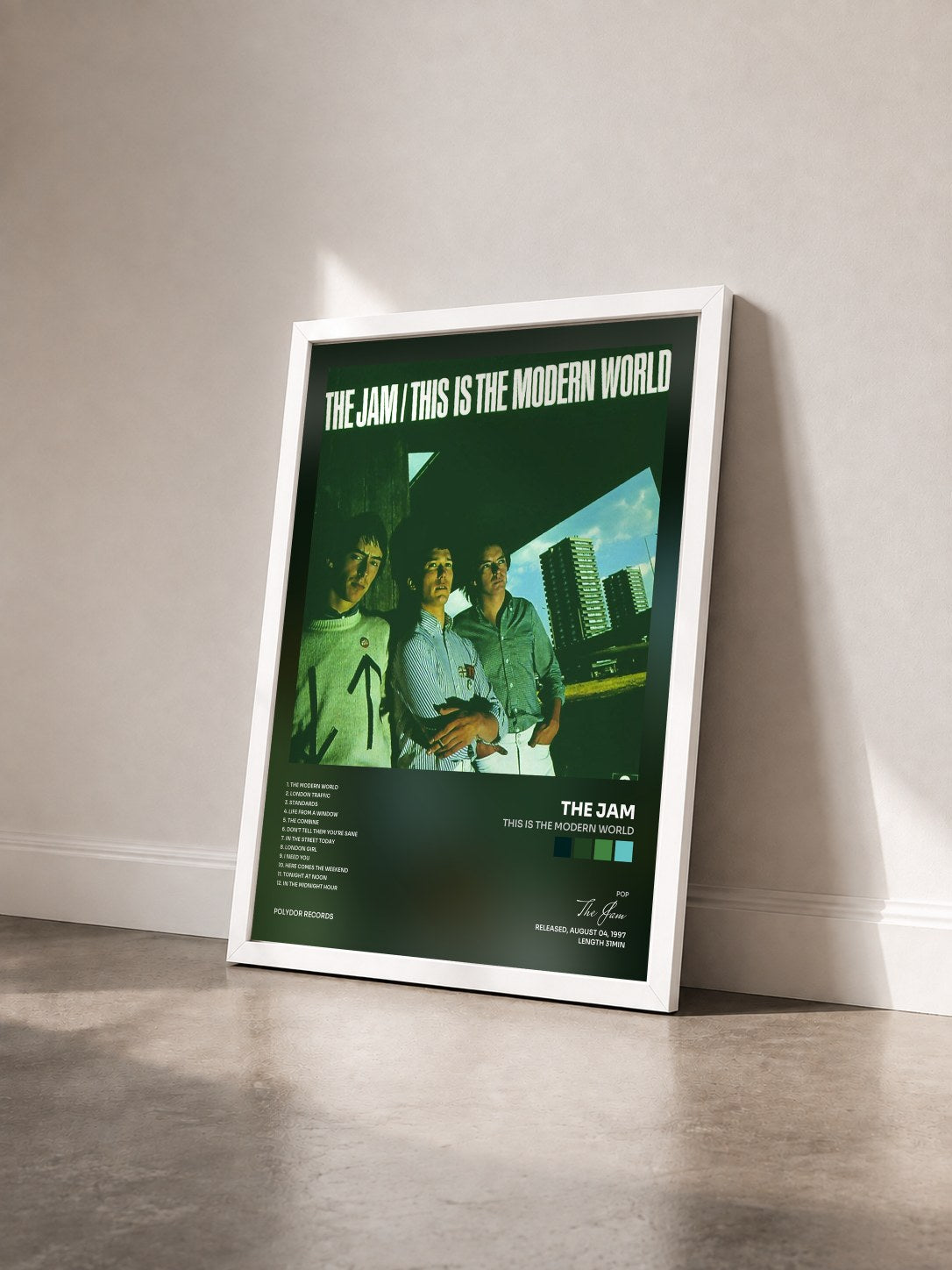 #blanc Tableau de l'album This Is The Modern World de The Jam vu de trois quarts, cadre blanc