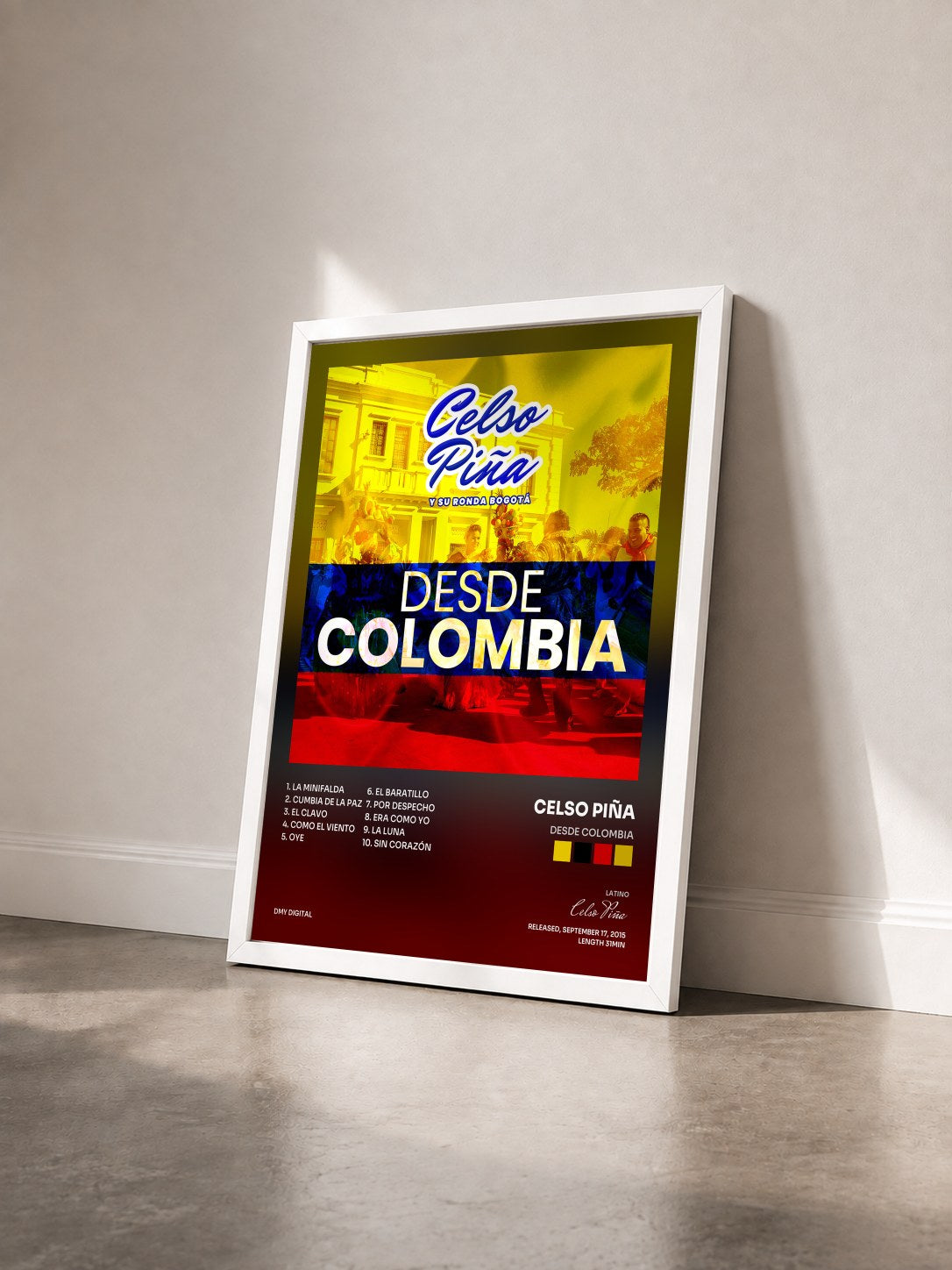 #blanc Tableau de l'album Desde Colombia de Celso Piña vu de trois quarts, cadre blanc