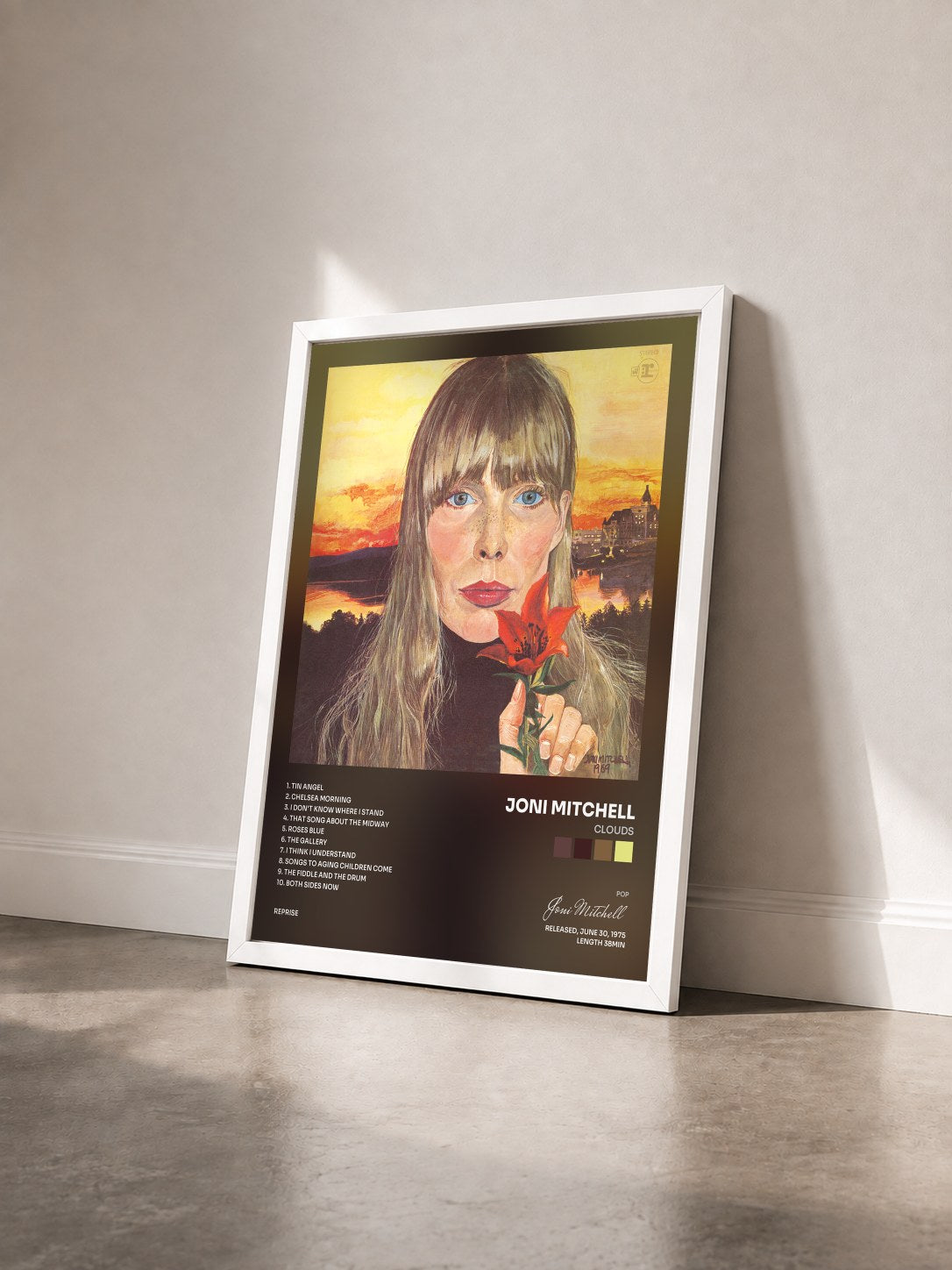 #blanc Tableau de l'album Clouds de Joni Mitchell vu de trois quarts, cadre blanc