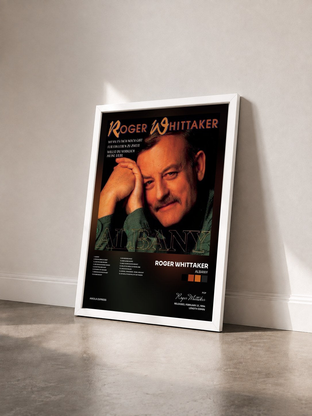 #blanc Tableau de l'album Albany de Roger Whittaker vu de trois quarts, cadre blanc