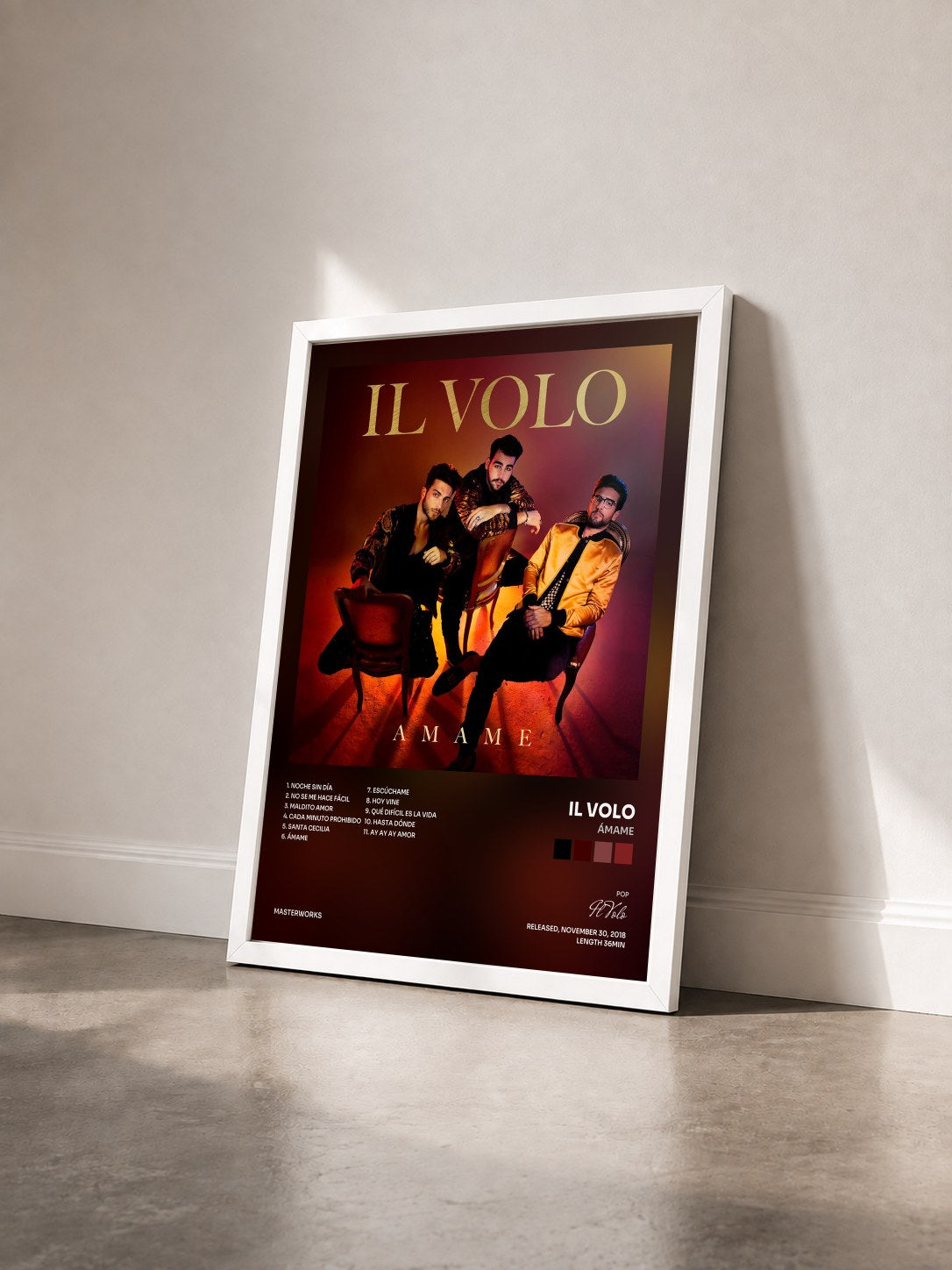 #blanc Tableau de l'album Ámame de Il Volo vu de trois quarts, cadre blanc