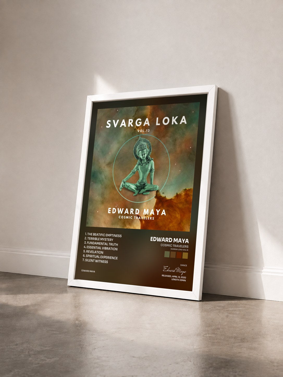 #blanc Tableau de l'album Cosmic Travelers (Svarga Loka Vol.13) de Edward Maya vu de trois quarts, cadre blanc