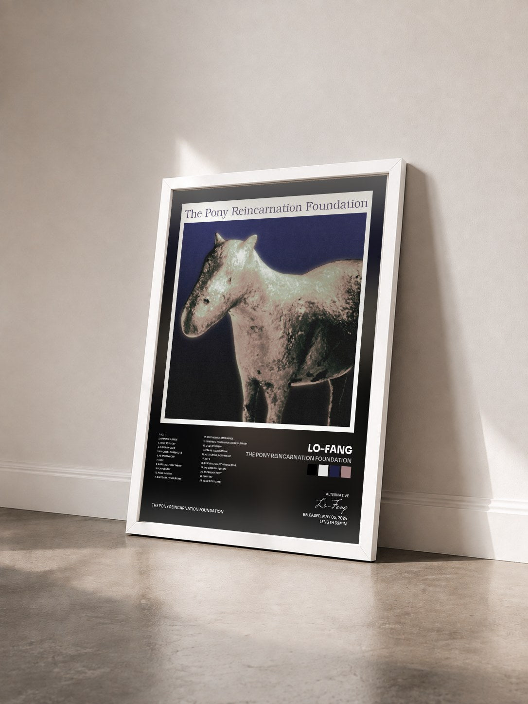 #blanc Tableau de l'album The Pony Reincarnation Foundation de Lo-Fang vu de trois quarts, cadre blanc
