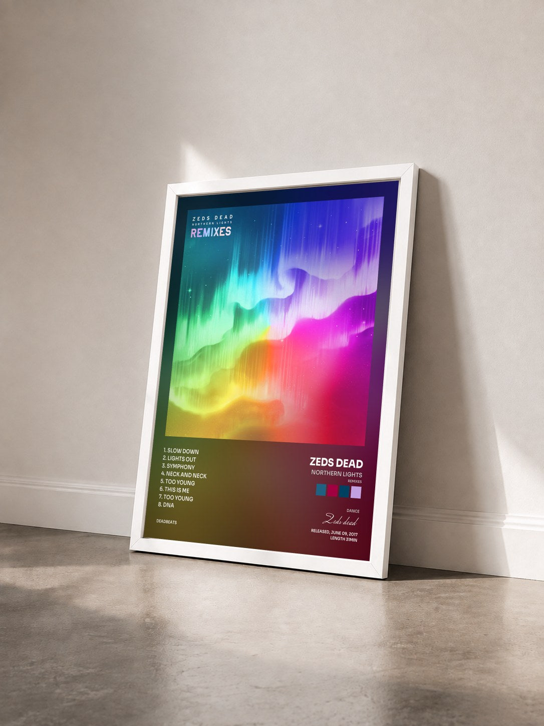 #blanc Tableau de l'album Northern Lights (Remixes) de Zeds dead vu de trois quarts, cadre blanc