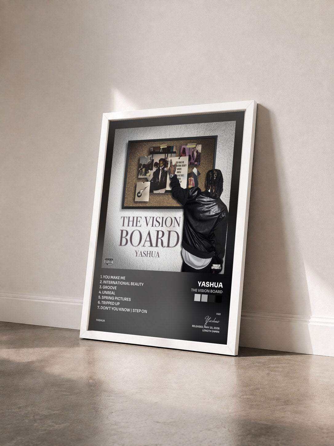 #blanc Tableau de l'album The Vision Board de Yashua vu de trois quarts, cadre blanc