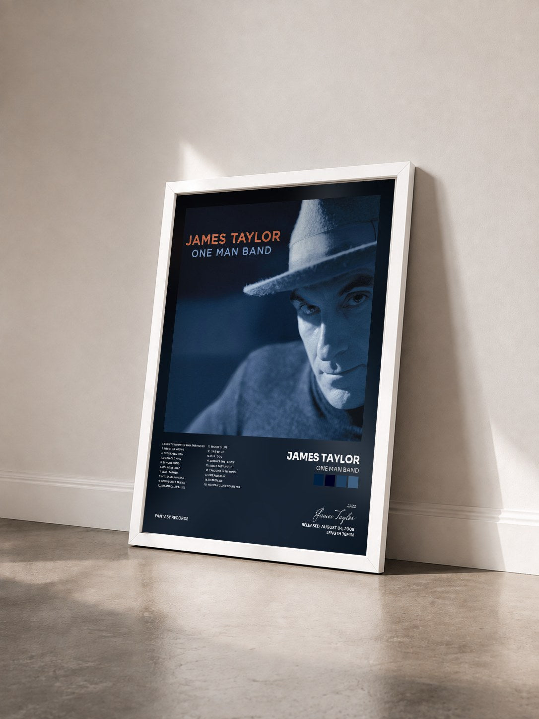 #blanc Tableau de l'album One Man Band de James Taylor vu de trois quarts, cadre blanc