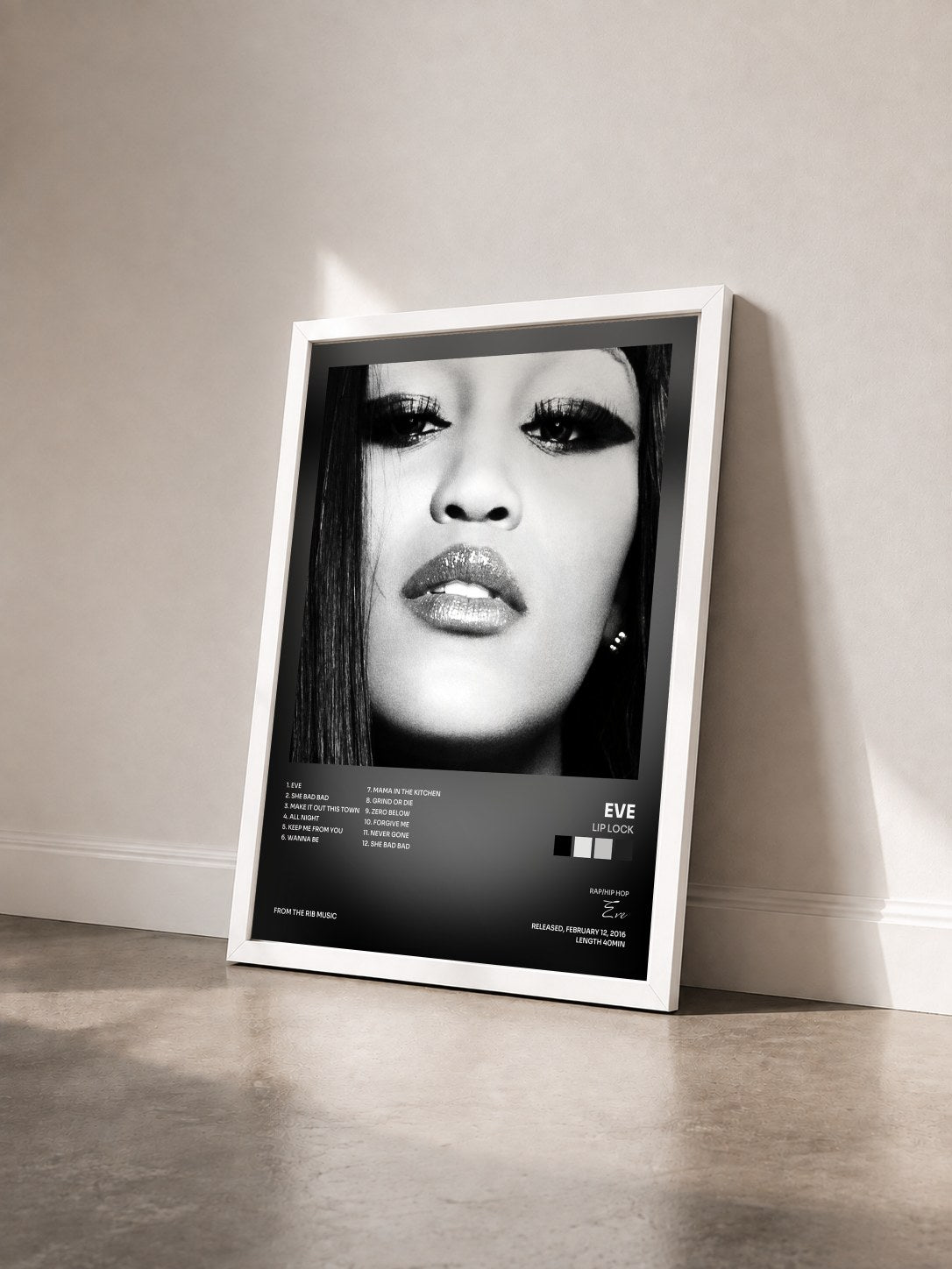 #blanc Tableau de l'album Lip Lock de Eve vu de trois quarts, cadre blanc