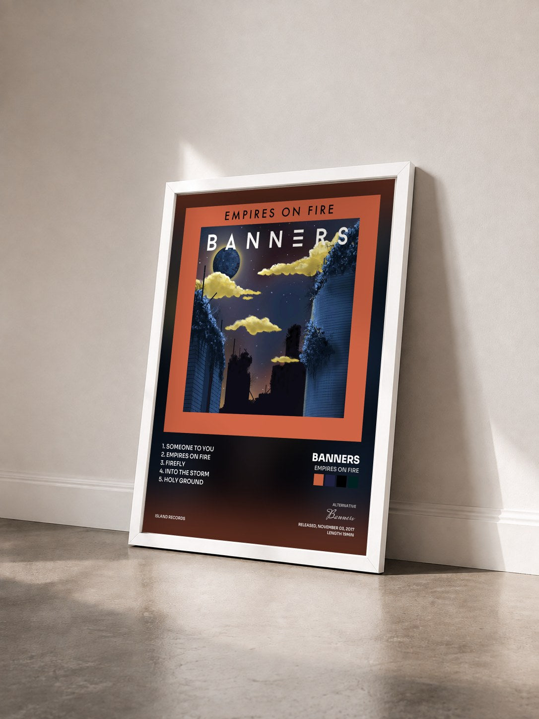 #blanc Tableau de l'album Empires On Fire de Banners vu de trois quarts, cadre blanc