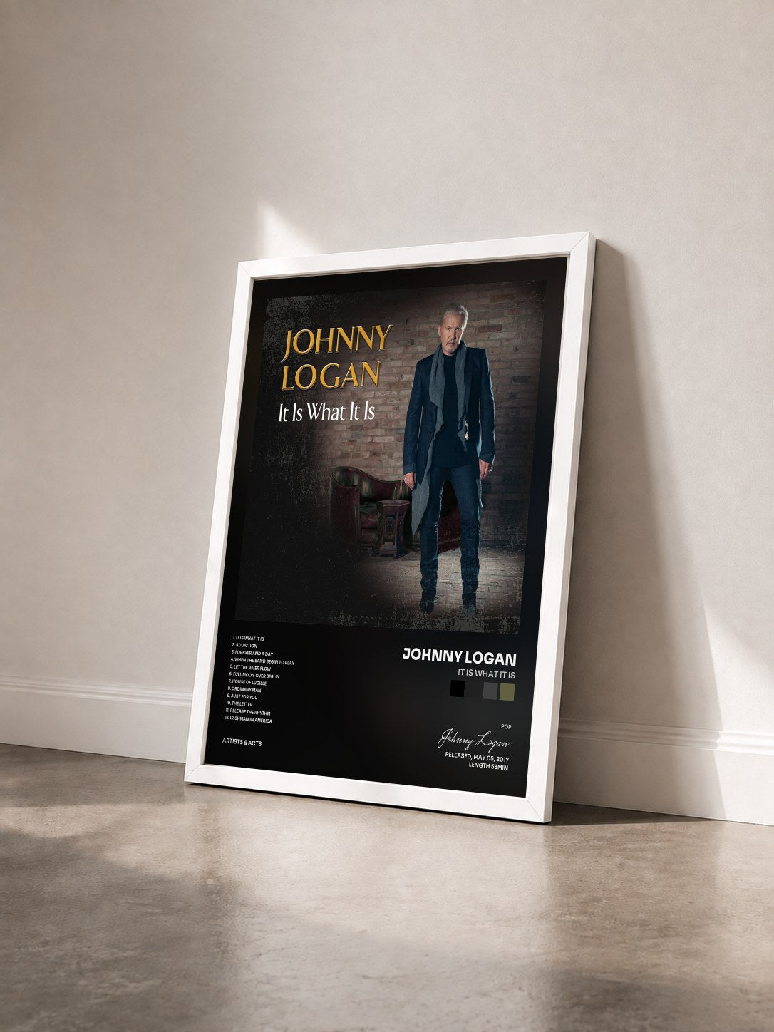#blanc Tableau de l'album It Is What It Is de Johnny Logan vu de trois quarts, cadre blanc