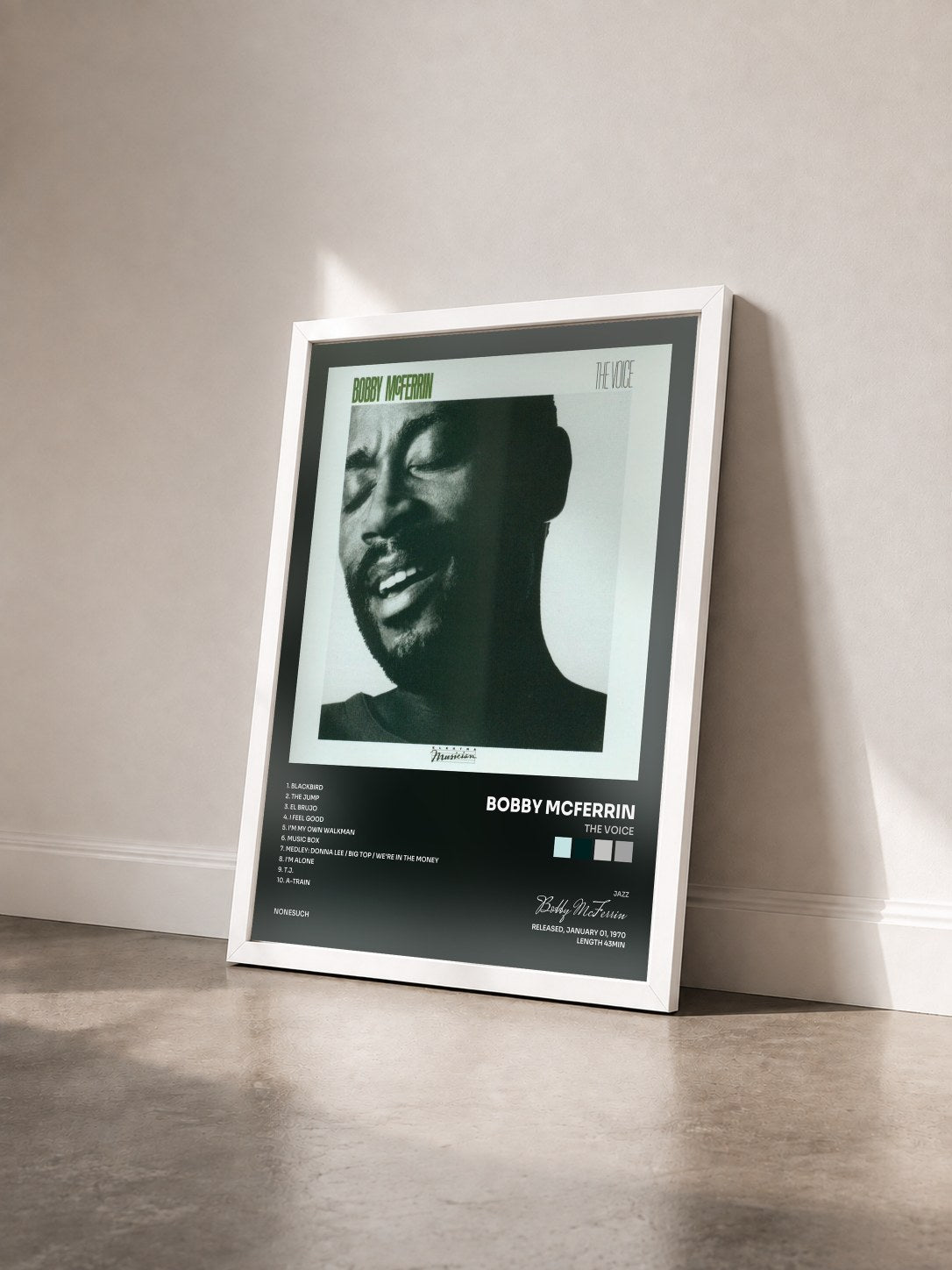 #blanc Tableau de l'album The Voice de Bobby McFerrin vu de trois quarts, cadre blanc