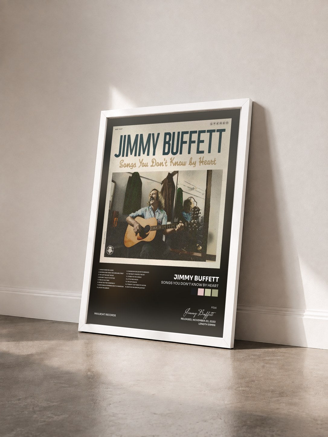 #blanc Tableau de l'album Songs You Don't Know By Heart de Jimmy Buffett vu de trois quarts, cadre blanc